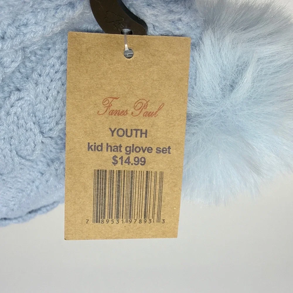 James Paul Youth Light Blue Cable Knit Double Pom Beanie Heart Detail New